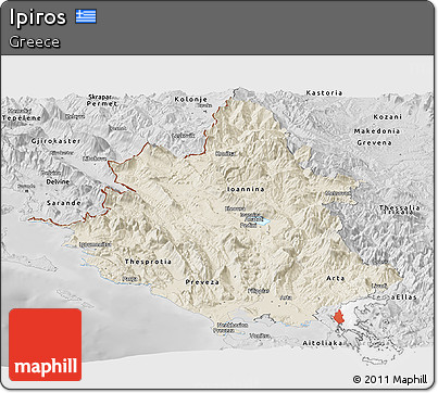 Shaded Relief Panoramic Map of Ipiros, desaturated