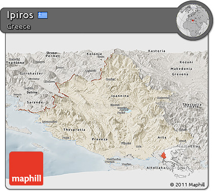 Shaded Relief Panoramic Map of Ipiros, semi-desaturated