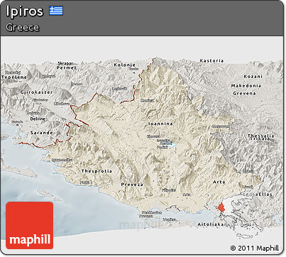 Shaded Relief Panoramic Map of Ipiros, semi-desaturated
