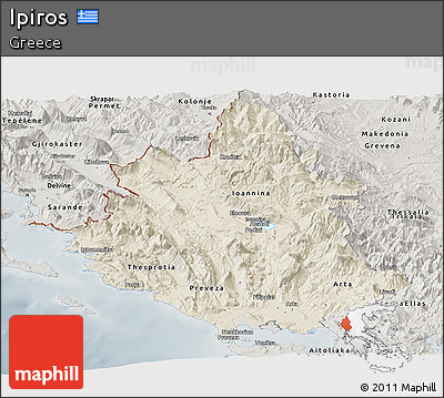 Shaded Relief Panoramic Map of Ipiros, semi-desaturated