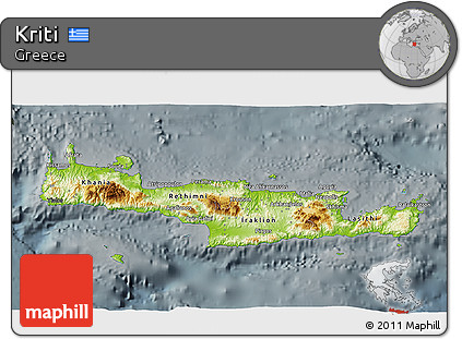 Physical 3D Map of Kriti, darken, semi-desaturated