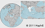 Blank Location Map of Greece, gray outside, hill shading outside