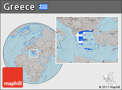 Flag Location Map of Greece, gray outside, hill shading outside
