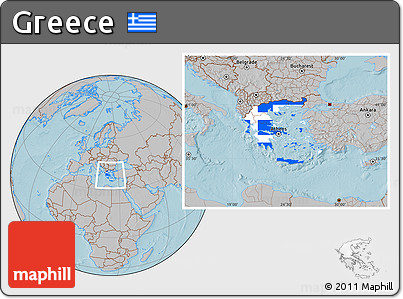 Flag Location Map of Greece, gray outside, hill shading outside