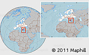 Gray Location Map of Greece, highlighted continent, within the entire continent, hill shading