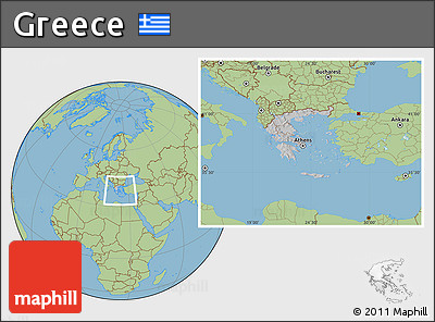 Gray Location Map of Greece, savanna style outside, hill shading inside