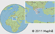 Gray Location Map of Greece, savanna style outside, hill shading inside