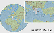 Gray Location Map of Greece, savanna style outside, hill shading outside