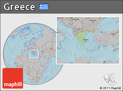 Savanna Style Location Map of Greece, gray outside, hill shading outside