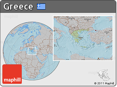 Savanna Style Location Map of Greece, gray outside, hill shading