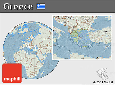Savanna Style Location Map of Greece, lighten, land only, hill shading