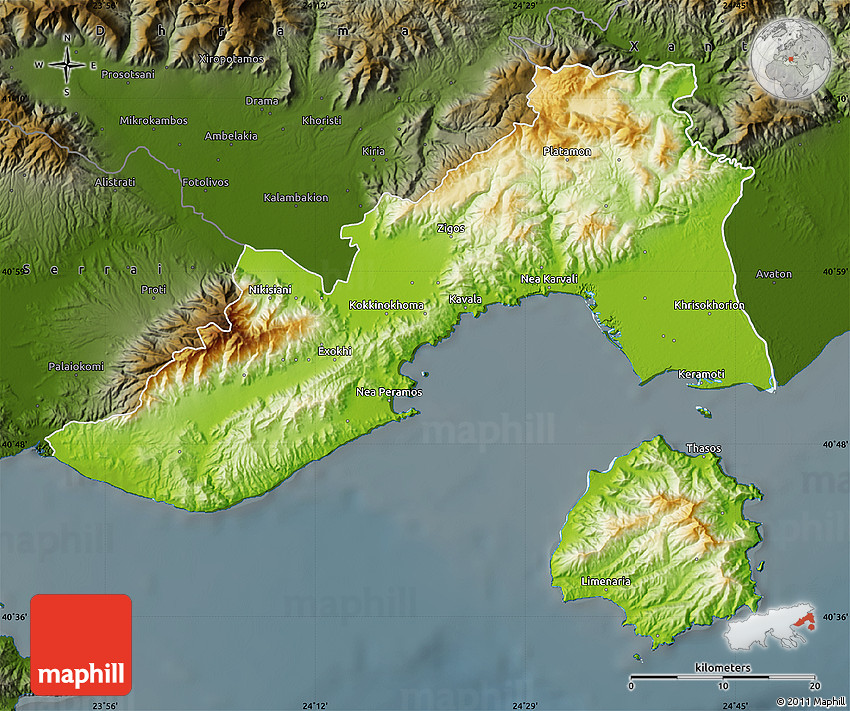 Physical Map of Kavala, darken