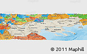 Shaded Relief Panoramic Map of Makedonia, political shades outside