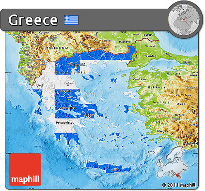 Flag Map of Greece, physical outside, bathymetry sea, flag centered