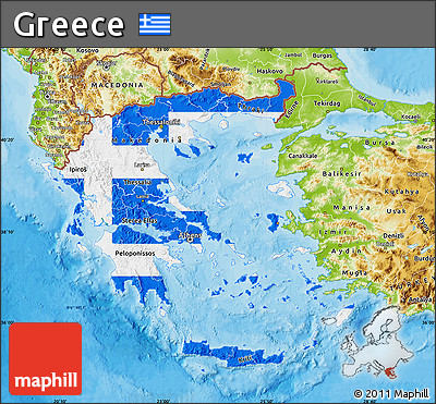 Flag Map of Greece, physical outside, bathymetry sea, flag centered