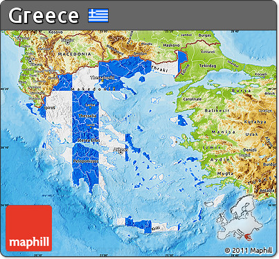 Flag Map of Greece, physical outside, bathymetry sea, flag aligned to the middle