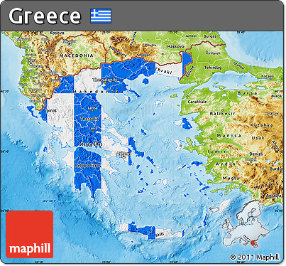Flag Map of Greece, physical outside, flag aligned to the middle