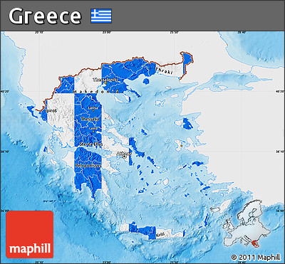 Flag Map of Greece, single color outside, shaded relief sea, flag aligned to the middle