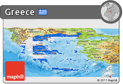Flag Panoramic Map of Greece, physical outside, bathymetry sea, flag centered