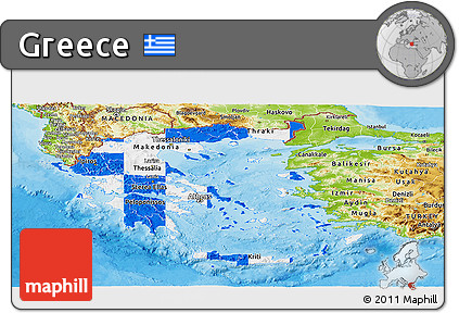 Flag Panoramic Map of Greece, physical outside, bathymetry sea, flag rotated