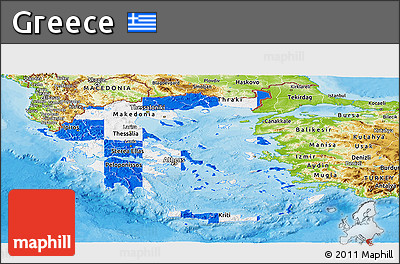 Flag Panoramic Map of Greece, physical outside, bathymetry sea, flag rotated