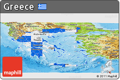 Flag Panoramic Map of Greece, physical outside, bathymetry sea, flag rotated