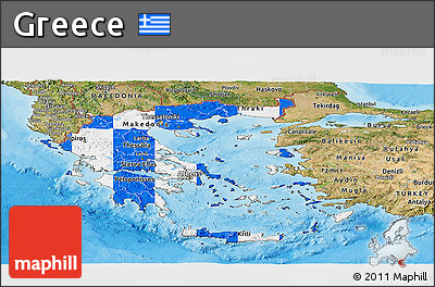 Flag Panoramic Map of Greece, satellite outside, bathymetry sea, flag aligned to the middle
