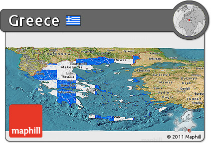 Flag Panoramic Map of Greece, satellite outside, flag rotated