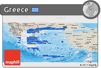 Flag Panoramic Map of Greece, shaded relief outside, bathymetry sea, flag centered
