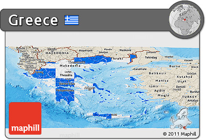 Flag Panoramic Map of Greece, shaded relief outside, bathymetry sea, flag rotated