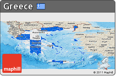 Flag Panoramic Map of Greece, shaded relief outside, bathymetry sea, flag rotated