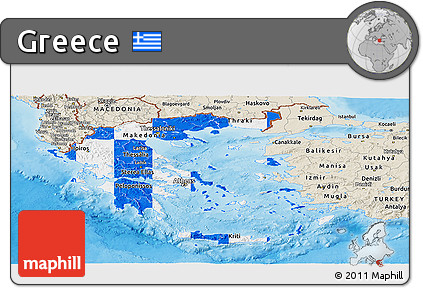 Flag Panoramic Map of Greece, shaded relief outside, flag aligned to the middle