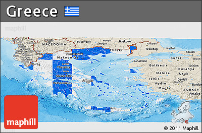 Flag Panoramic Map of Greece, shaded relief outside, flag aligned to the middle