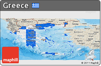 Flag Panoramic Map of Greece, shaded relief outside, flag aligned to the middle