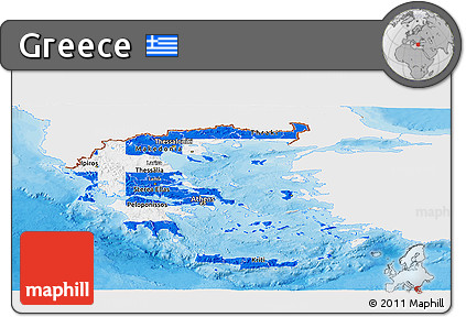 Flag Panoramic Map of Greece, single color outside, bathymetry sea, shaded relief sea