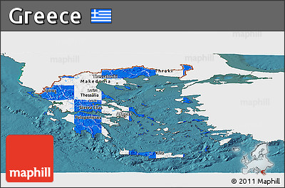 Flag Panoramic Map of Greece, single color outside, satellite sea, flag rotated