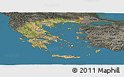 Satellite Panoramic Map of Greece, darken, semi-desaturated, land only
