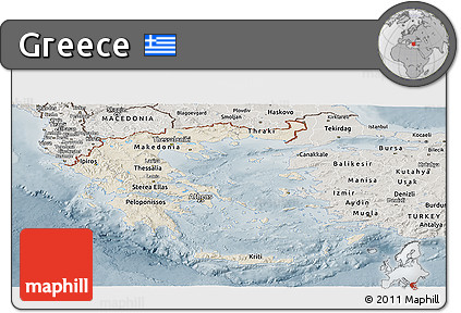 Shaded Relief Panoramic Map of Greece, semi-desaturated