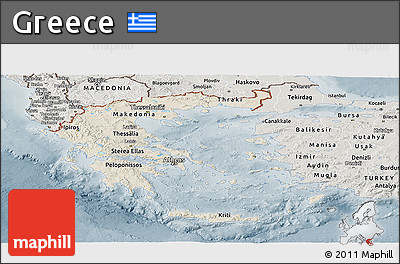 Shaded Relief Panoramic Map of Greece, semi-desaturated