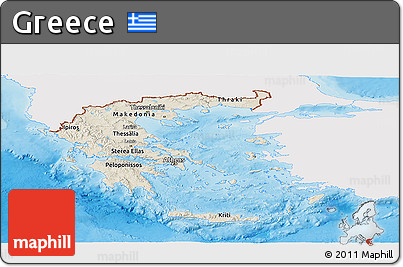 Shaded Relief Panoramic Map of Greece, single color outside