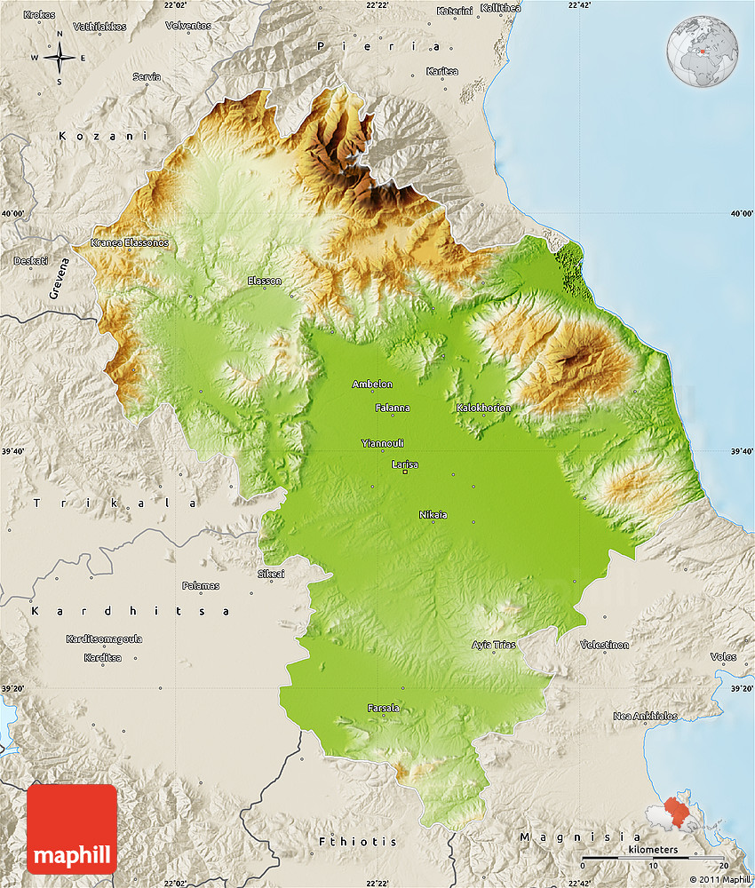 Physical Map of Larisa, shaded relief outside