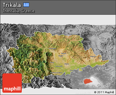 Satellite 3D Map of Trikala, desaturated