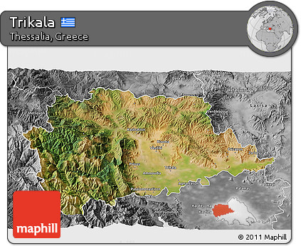 Satellite 3D Map of Trikala, desaturated