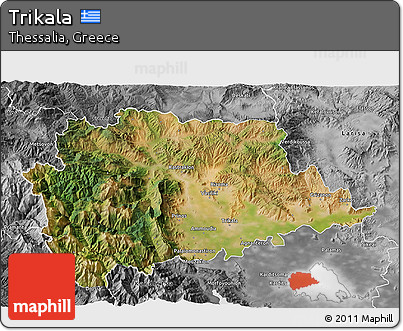 Satellite 3D Map of Trikala, desaturated