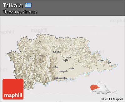 Shaded Relief 3D Map of Trikala, single color outside