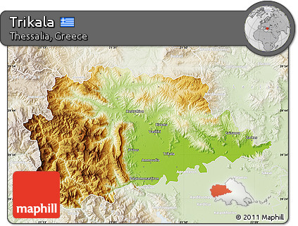 Physical Map of Trikala, lighten