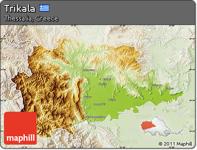 Physical Map of Trikala, lighten