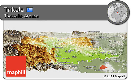 Physical Panoramic Map of Trikala, semi-desaturated