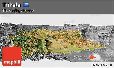 Satellite Panoramic Map of Trikala, desaturated
