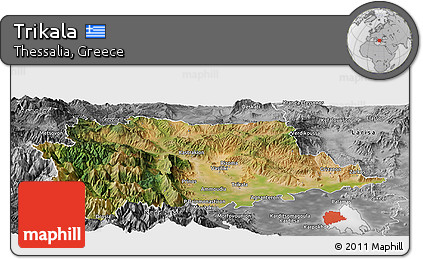 Satellite Panoramic Map of Trikala, desaturated